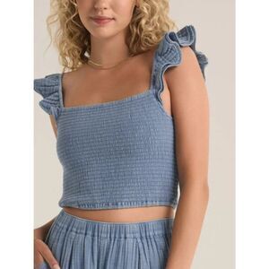 Z Supply Hera Gauze Chambray Crop Top Size M Blue Stretch Ruffle Sleeve NEW